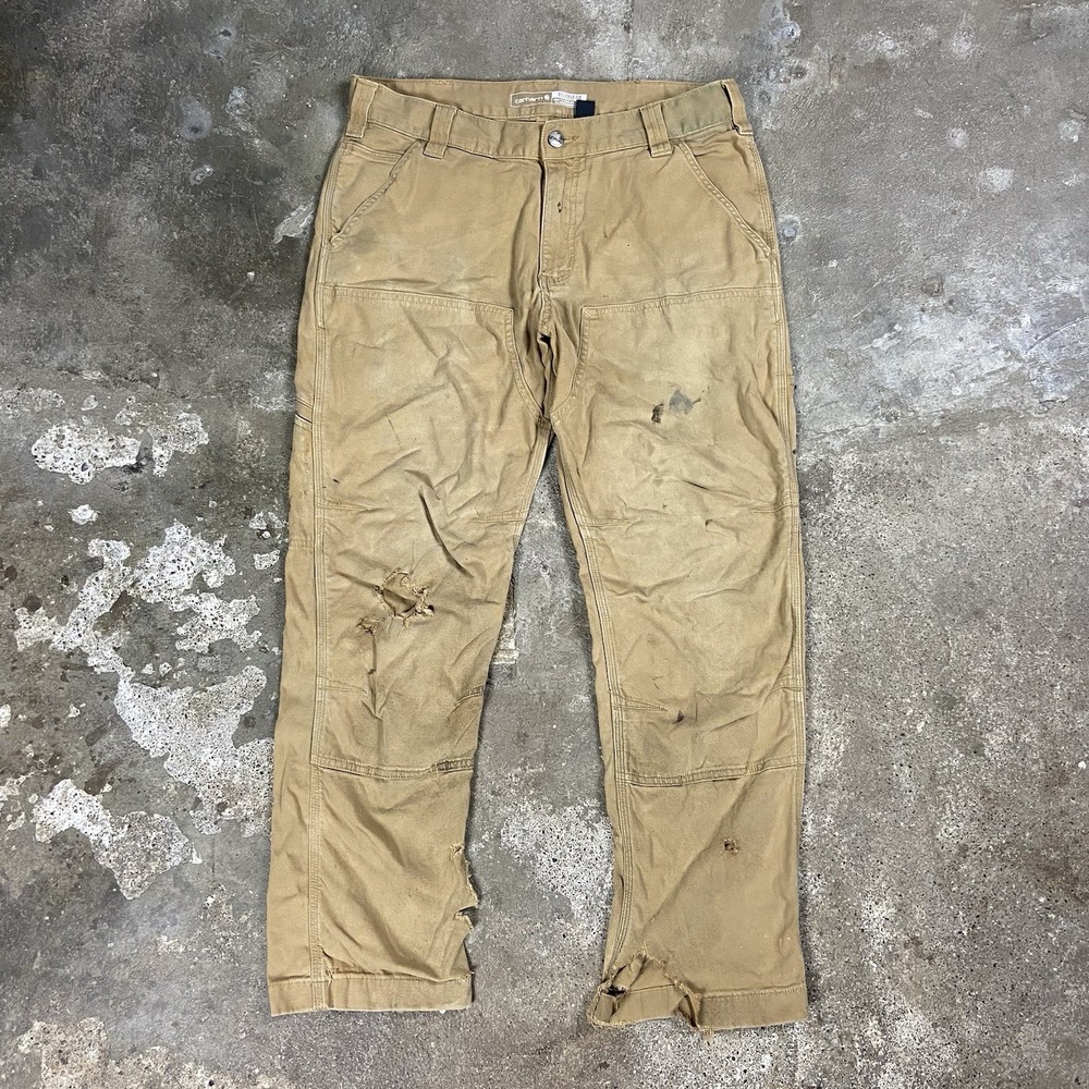 Carhartt Rugged Flex Double Knee Canvas Pants Size 33x30 Tan Distressed Work
